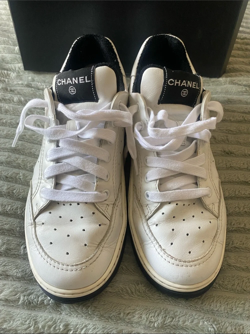 CHANEL White Leather Womens Low-Top Sneakers with Black Accents